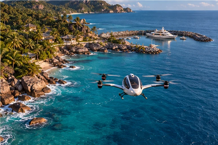 A single-seat electric passenger drone flying along the coast