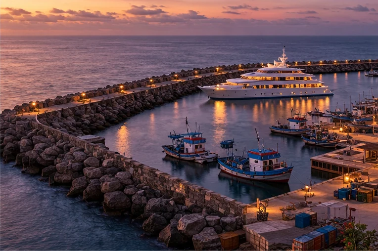 A private yacht moored inside the breakwater at Gandara harbour