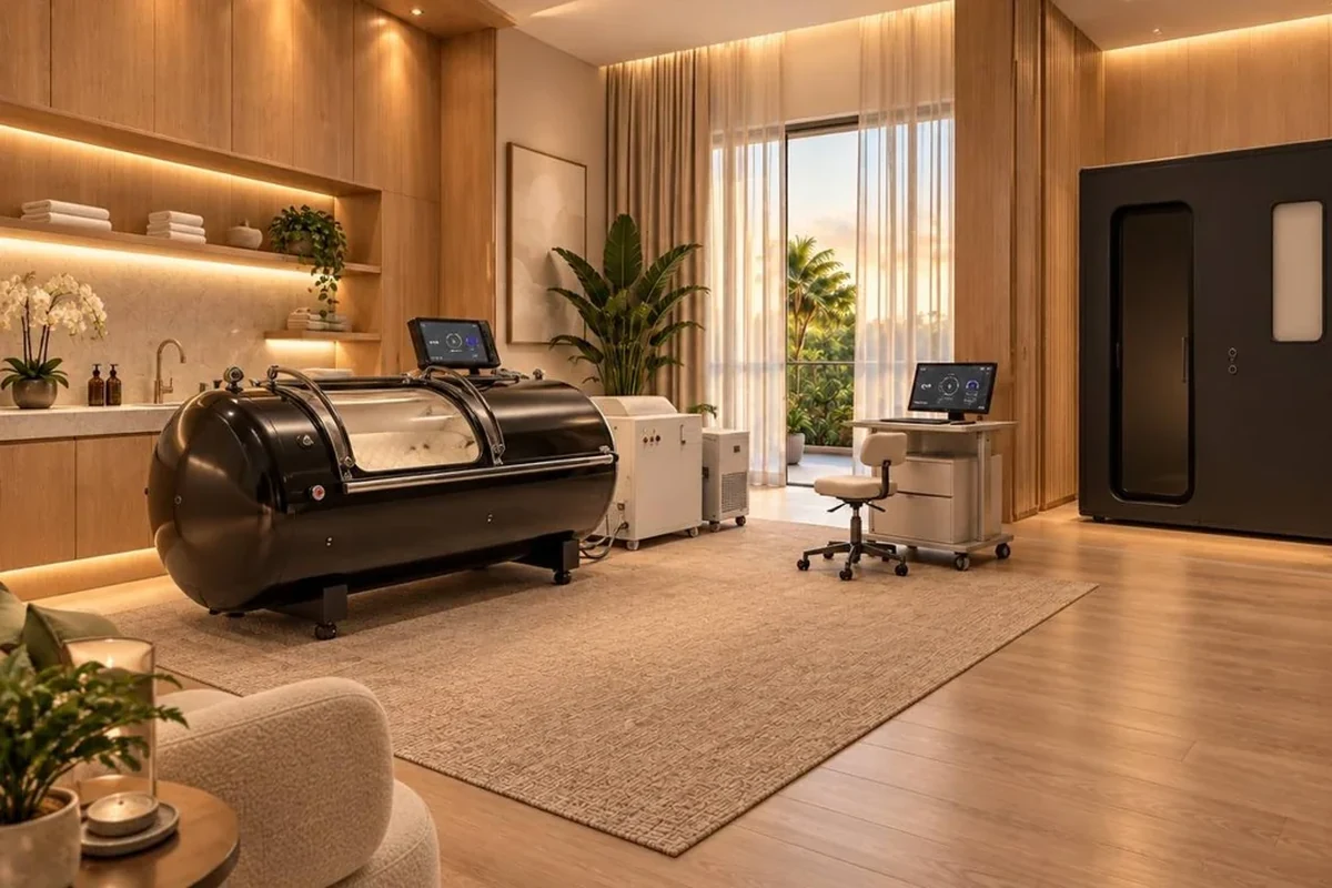 A hyperbaric oxygen chamber suite with a sea view