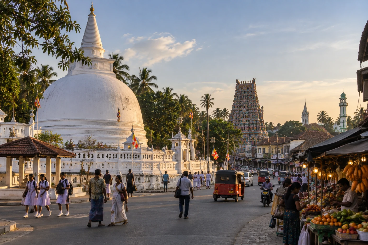 A Sri Lankan main street in the early evening, schoolchildren walking home past a temple and lit fruit stalls