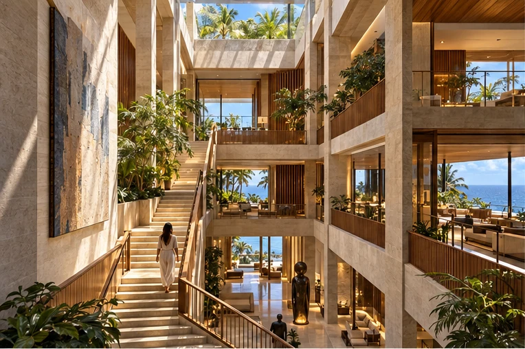 A triple-height entrance hall with a stone stair descending through three levels