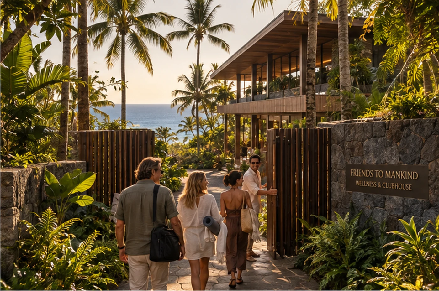 Four people walking from the villas through an open timber gate towards the Friends to Mankind clubhouse, ocean beyond