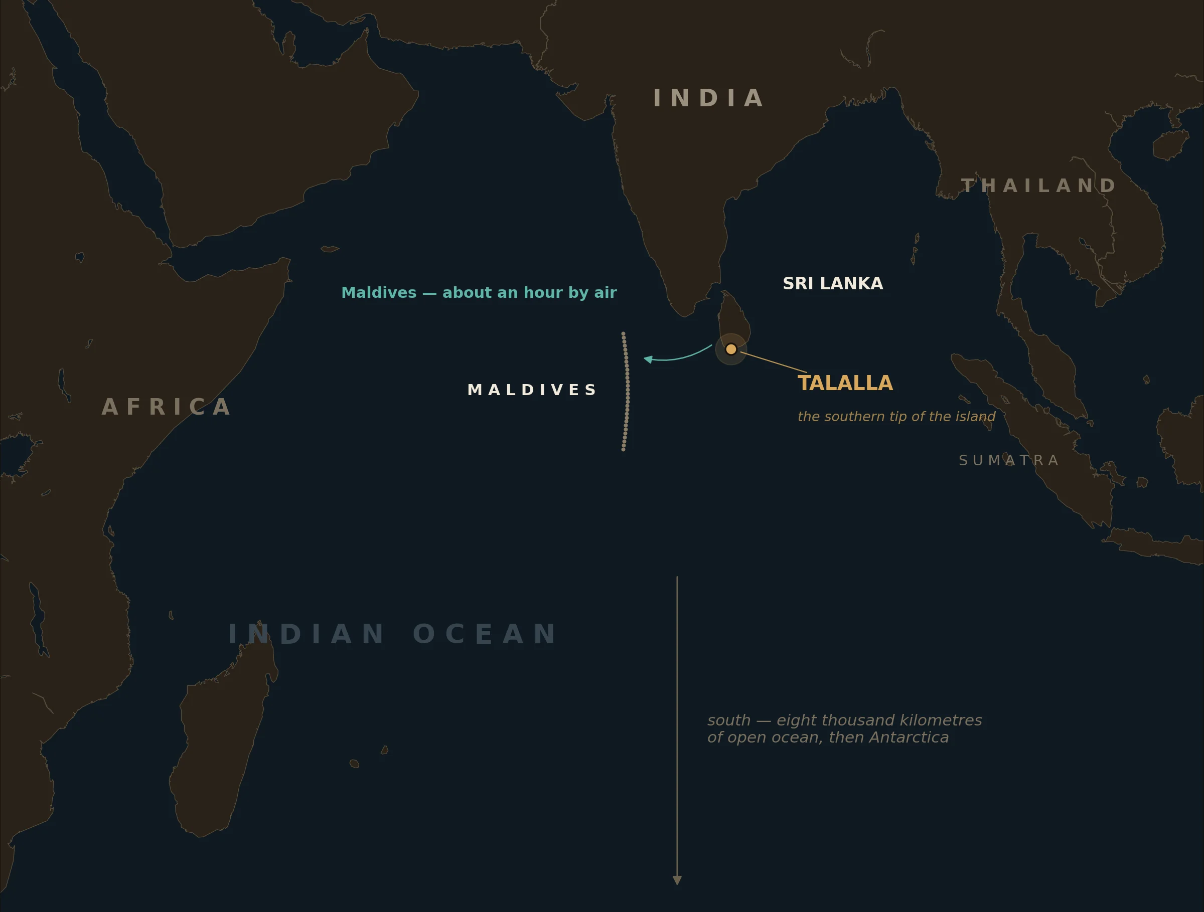 Map of the Indian Ocean showing Sri Lanka below India, the Maldives to the west, Africa further west and Thailand to the east, with Talalla marked at Sri Lanka's southern tip