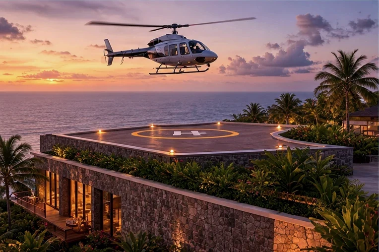 A helicopter approaching the rooftop helipad
