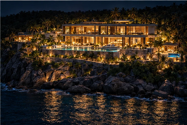 The whole house seen from the sea at night, three lit levels on a dark headland
