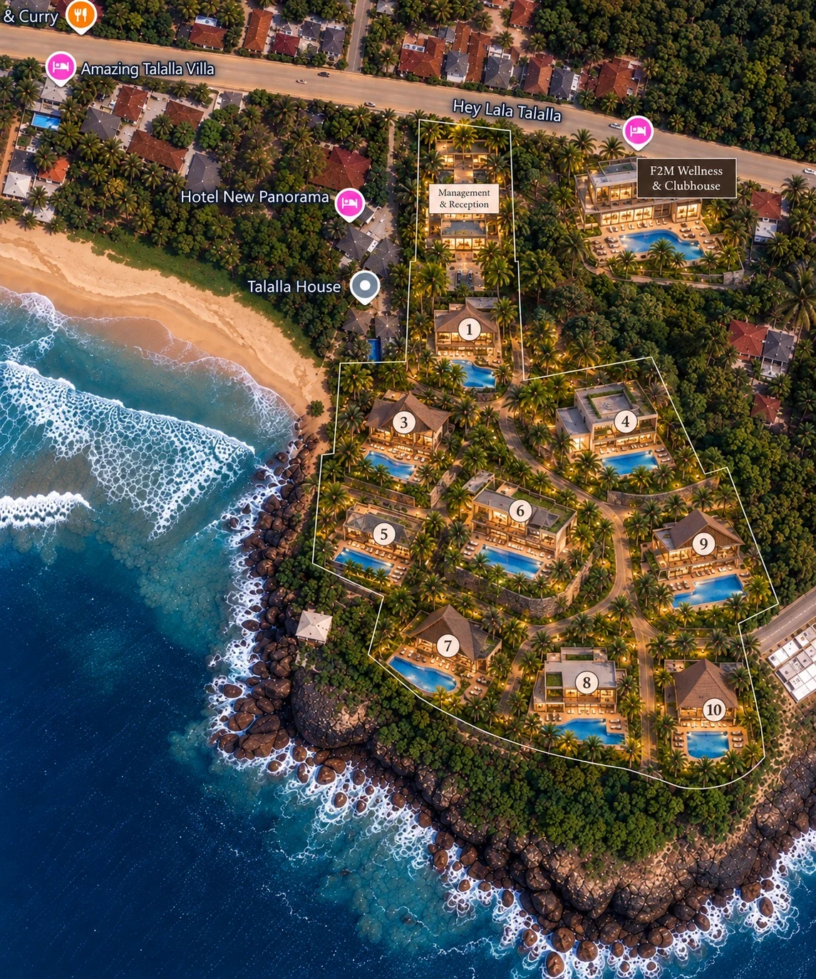 Masterplan showing ten villa plots across the Talalla headland, with the management building and the adjoining wellness clubhouse