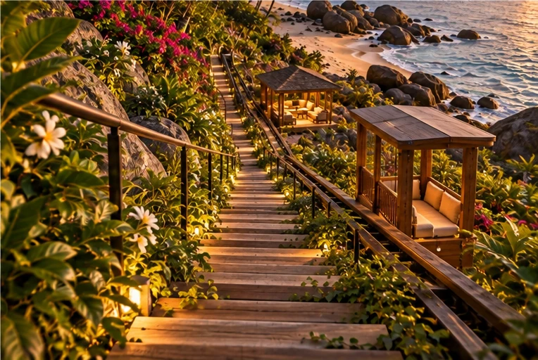 The funicular running down the cliff to the beach pavilion