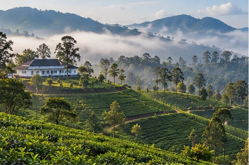 A tea estate in the Sri Lankan hill country with a planter's bungalow on the ridge