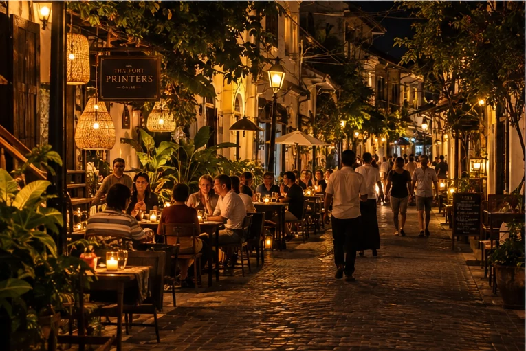 An evening dining street in Galle Fort