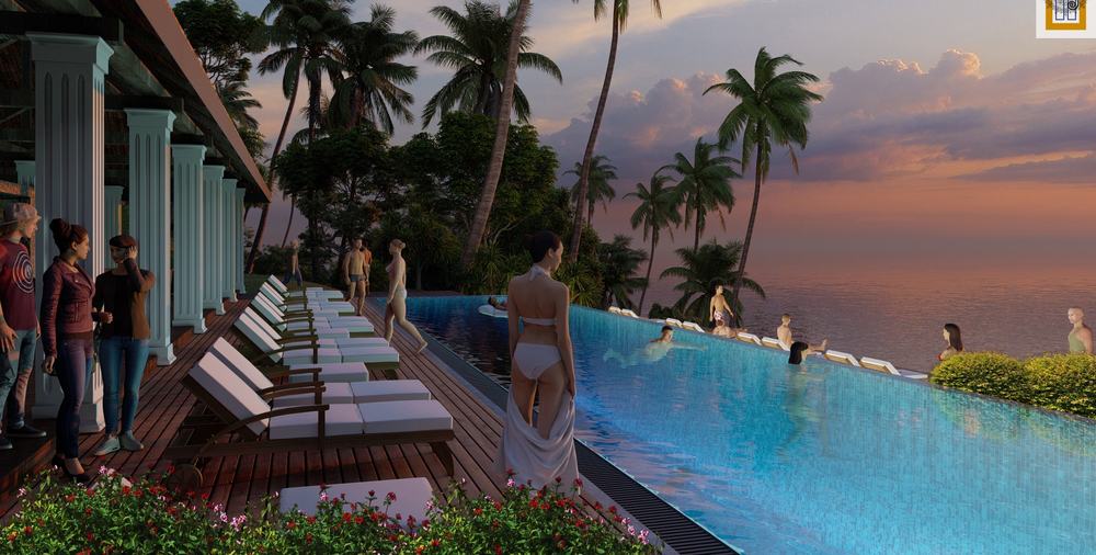 Pool terrace at dusk, concept render