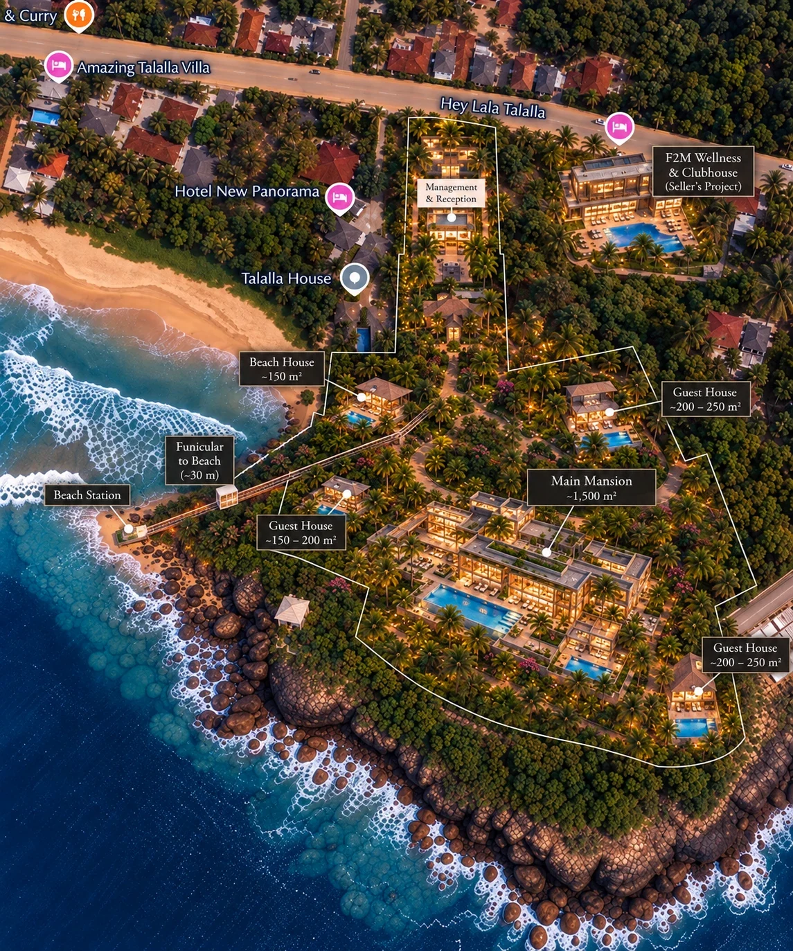 Masterplan showing a single large house on the headland with four guest houses, the funicular and the management building