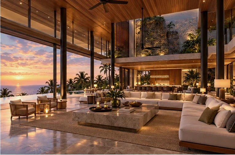 The main living room, double height, open to the ocean