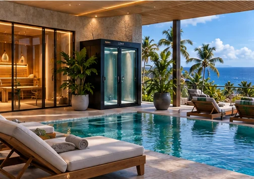 Sauna and cold plunge off the pool deck