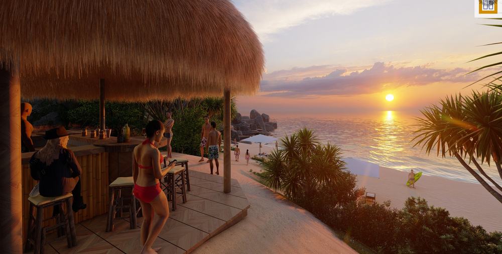 Beach bar at sunset, concept render