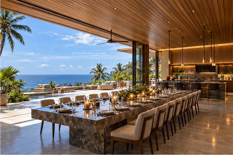 A stone dining table seating twenty beside an open kitchen