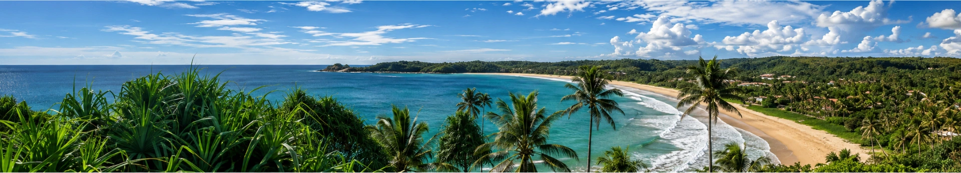 Panorama of Talalla Bay, sandy beach, breaking waves and the ocean horizon