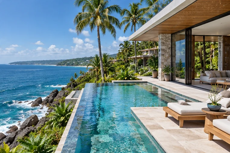The pool edge as the boundary &mdash; no garden needed in front