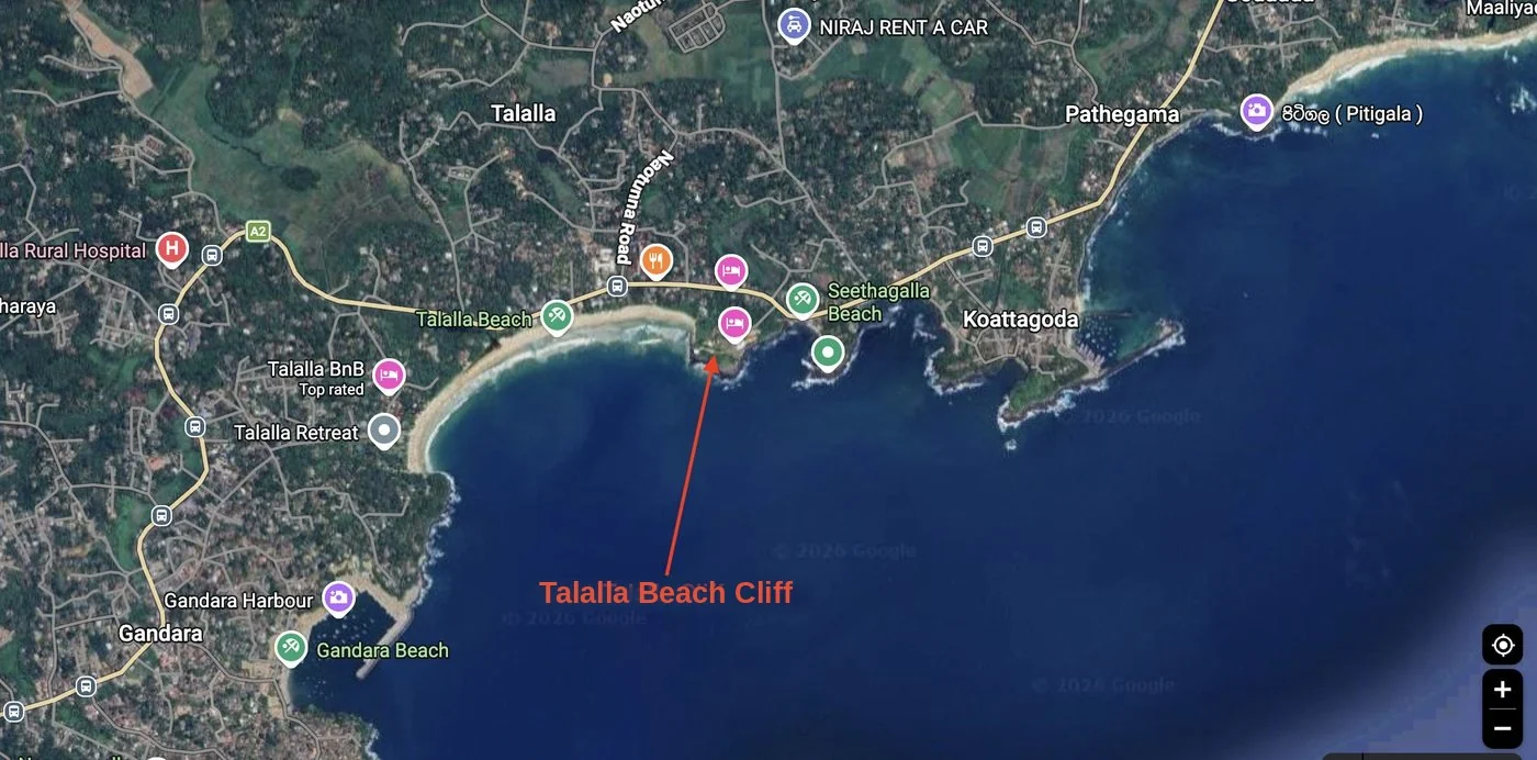 Map showing the Talalla Beach Cliff site relative to Talalla Beach and Seethagalla Beach