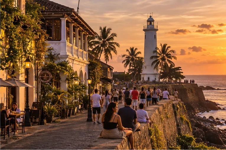 The lighthouse and ramparts at Galle at sunset with people walking