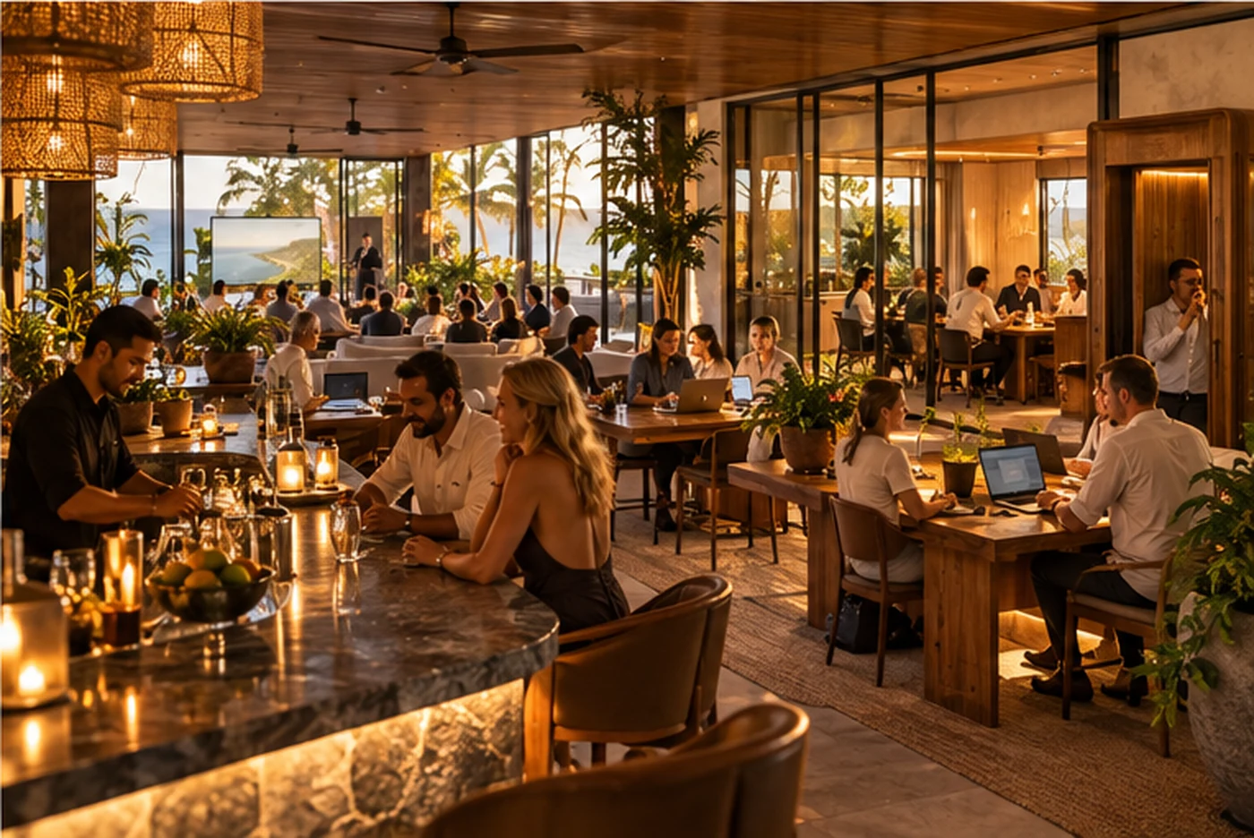 The clubhouse floor at golden hour: a bar, a restaurant, people working at timber desks, glazed meeting rooms and a talk at the far end