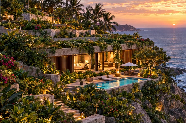 A guest house terraced into the slope