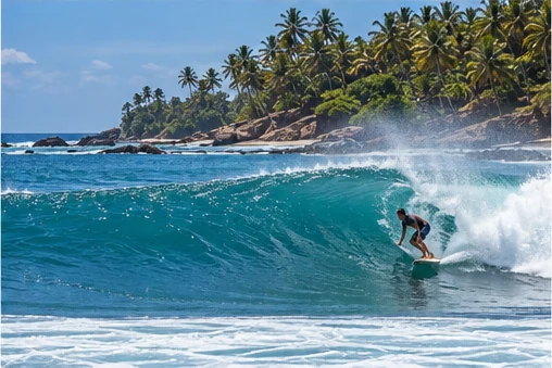 A surfer riding a clean wave off a palm-lined point